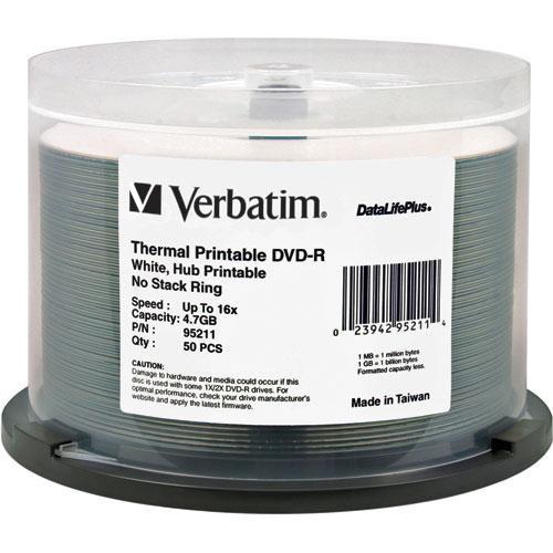 Verbatim DVD-R 4.7GB 16X DataLifePlus, White Thermal Printable, Hub Printable Spindle, Verbatim, DVD-R, 4.7GB, 16X, DataLifePlus, White, Thermal, Printable, Hub, Printable, Spindle